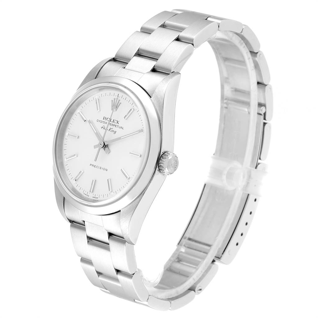 The image shows the Rolex Air-King 14000 Men's Stainless Steel Silver Dial 14000 Men's Stainless Steel Silver Dial watch at a 3/4 angle, highlighting the face, bezel, crown, and bracelet.