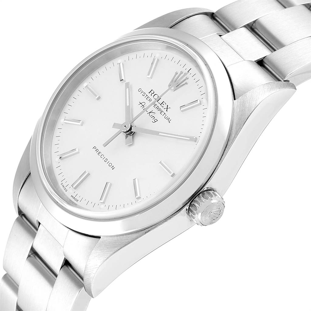 This image shows a side and partial front view of the Rolex Air-King 14000 Men's Stainless Steel Silver Dial 14000 Men's Stainless Steel Silver Dial watch, highlighting its dial, bezel, and bracelet.