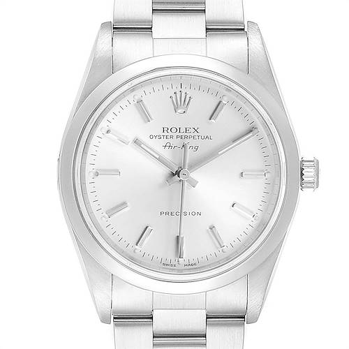 The image displays a front view of the Rolex Air-King watch, showcasing its dial, hands, and bracelet.