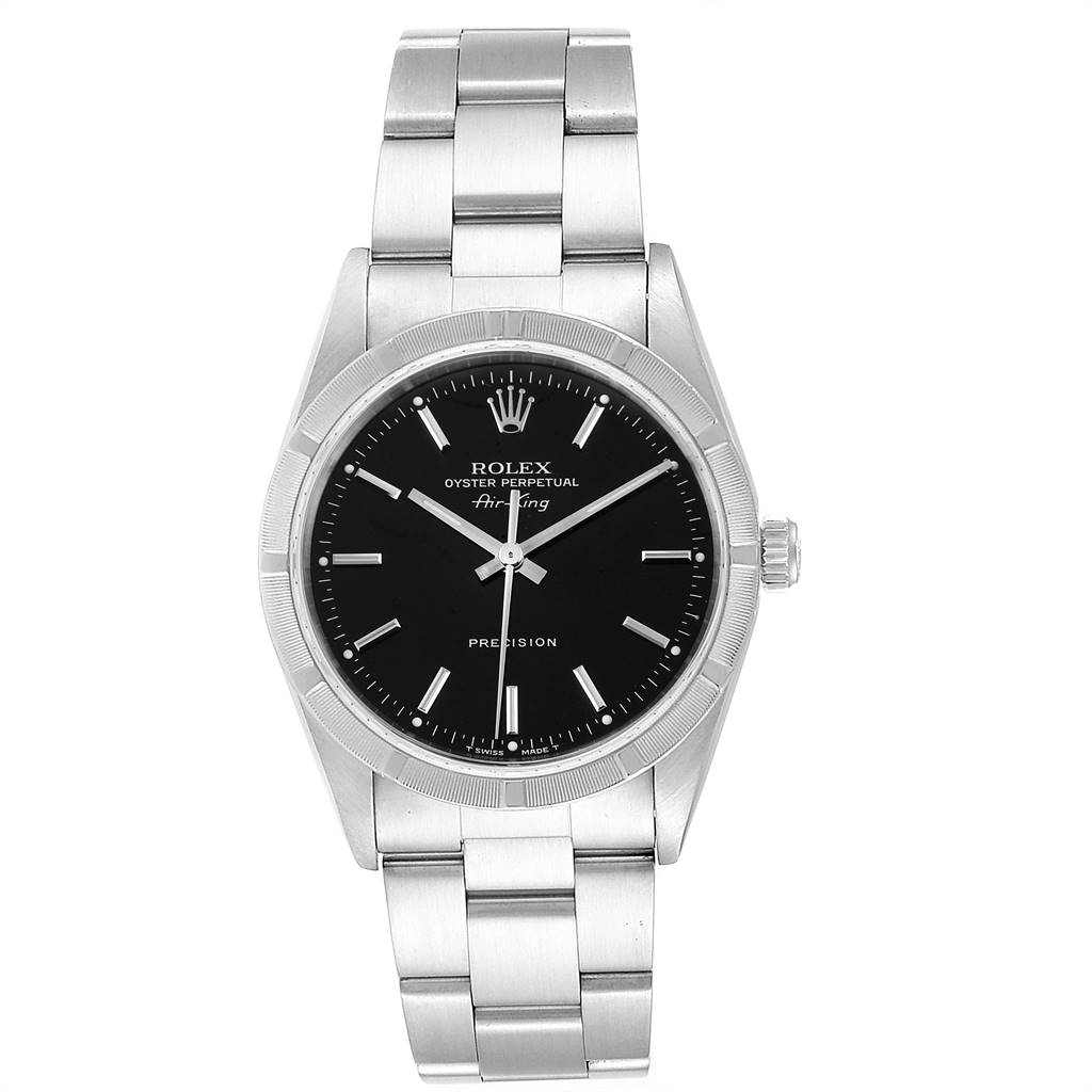 The image shows a front view of a Rolex Air-King 14010 Men's Stainless Steel Black Dial 14010 Men's Stainless Steel Black Dial watch, highlighting the black dial, metal band, and classic design.