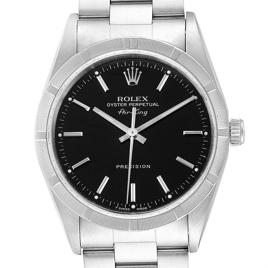 The image shows a front view of a Rolex Air-King 14010 Men's Stainless Steel Black Dial 14010 Men's Stainless Steel Black Dial watch, displaying the dial, bezel, crown, and stainless steel bracelet.