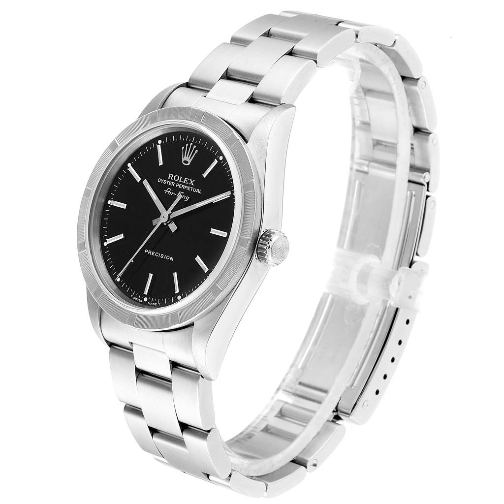 The image shows a Rolex Air-King 14010 Men's Stainless Steel Black Dial 14010 Men's Stainless Steel Black Dial watch at a three-quarter angle, highlighting the face, bezel, crown, and bracelet.