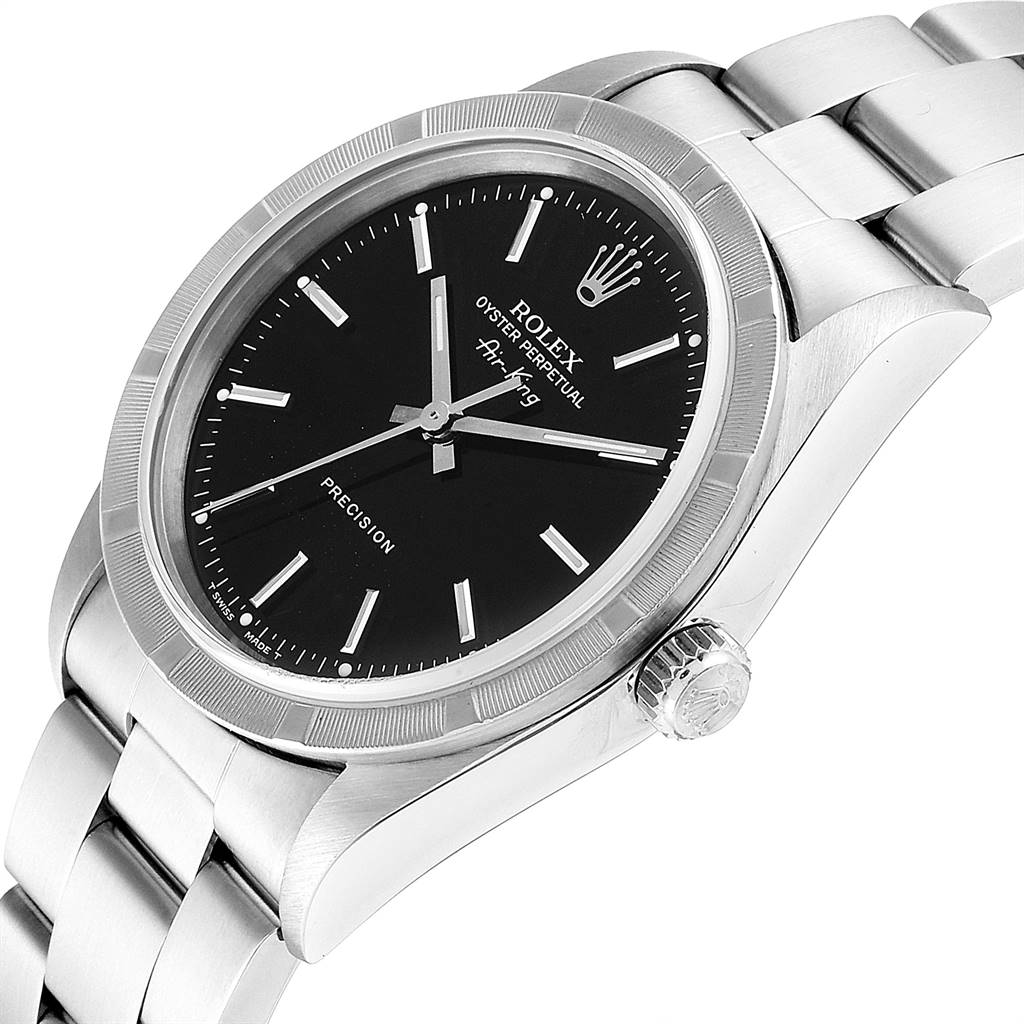 The image shows a close-up, angled view of the black dial and stainless steel bracelet of the Rolex Air-King 14010 Men's Stainless Steel Black Dial 14010 Men's Stainless Steel Black Dial watch.