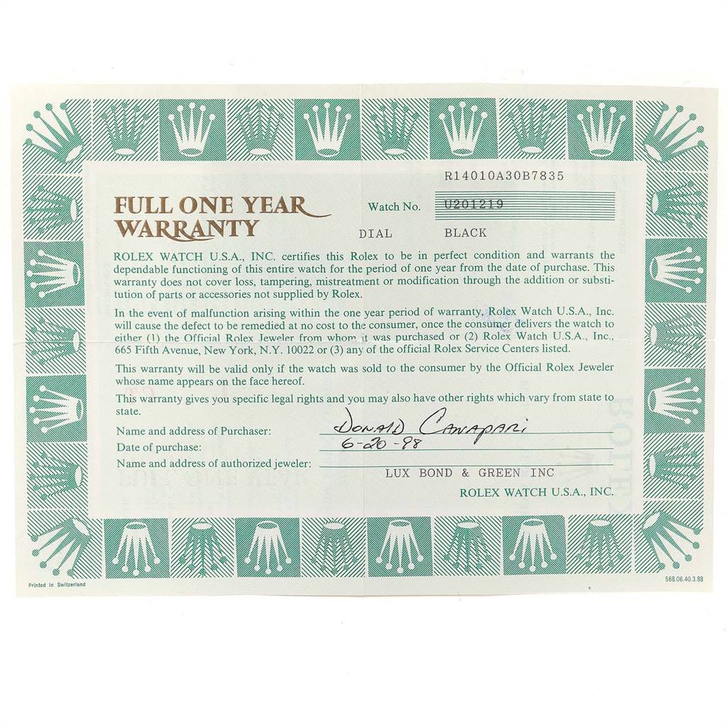 The image shows a full shot of a warranty card for an Air-King model by Rolex.
