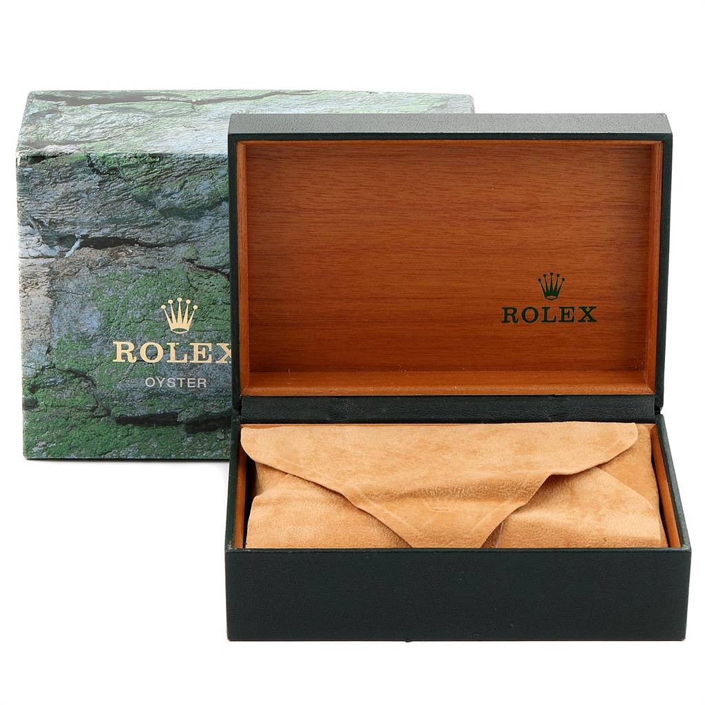 The image shows a Rolex Air-King 14000 Men's Stainless Steel Silver Dial 14000 Men's Stainless Steel Silver Dial watch box and pouch, angled from the front with the box open.