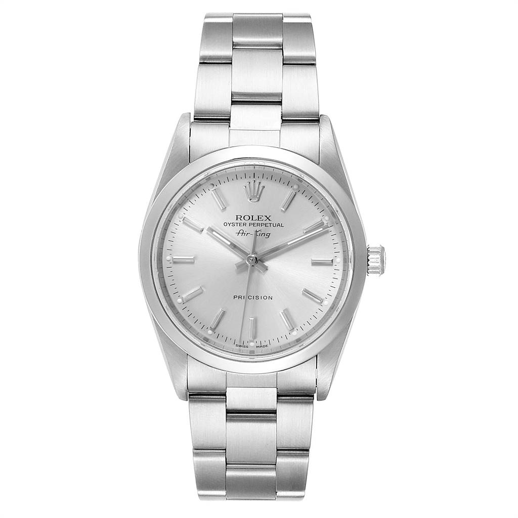 This image shows the Rolex Air-King 14000 Men's Stainless Steel Silver Dial 14000 Men's Stainless Steel Silver Dial watch from a front angle, displaying the face, dial, and bracelet.