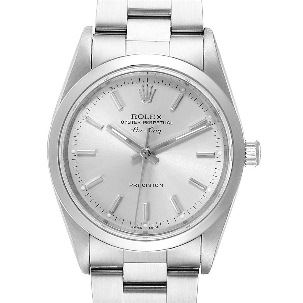 This image shows the front view of a Rolex Air-King 14000 Men's Stainless Steel Silver Dial 14000 Men's Stainless Steel Silver Dial watch, including its dial, hands, and bracelet.