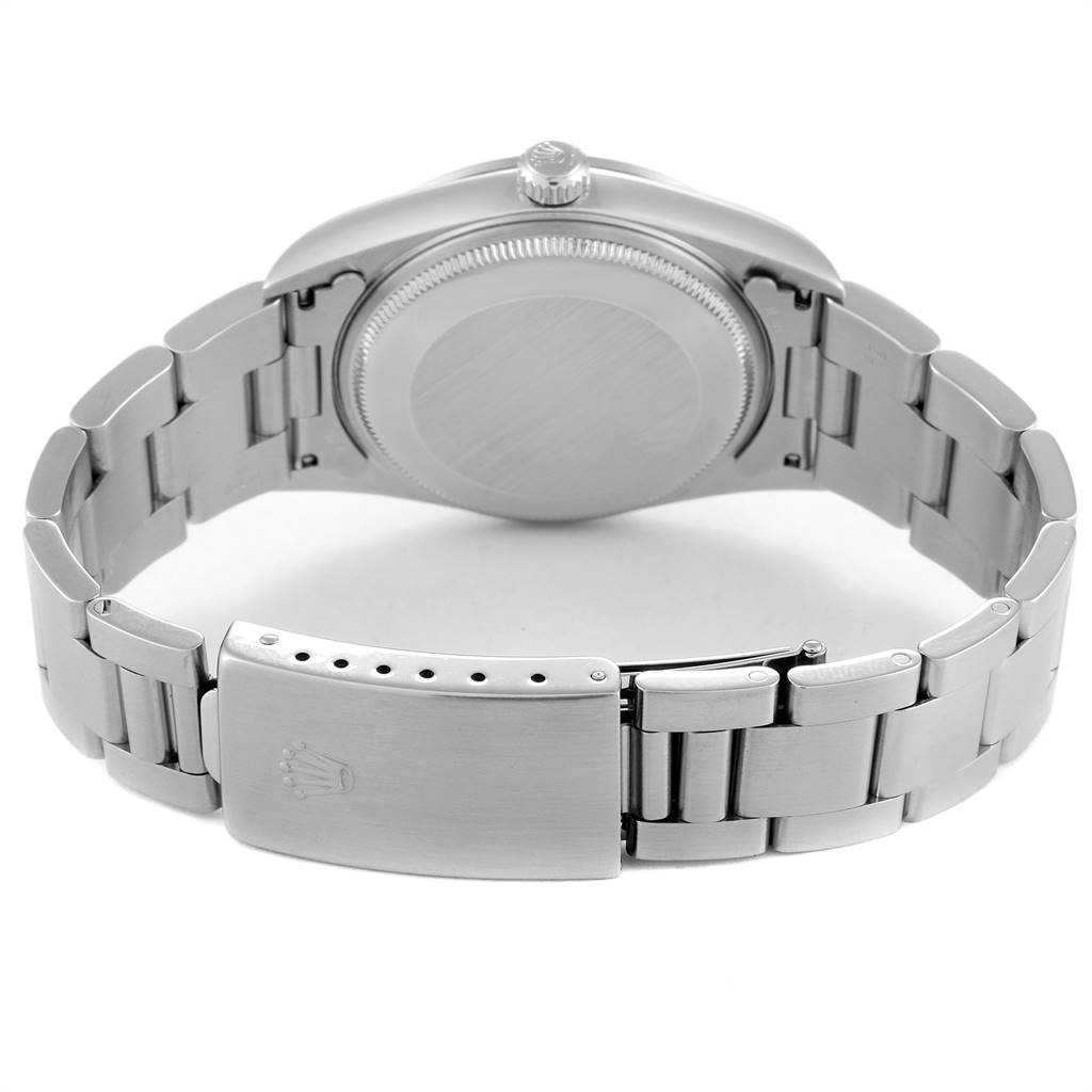 This is a rear view of the Rolex Air-King 14000 Men's Stainless Steel Silver Dial 14000 Men's Stainless Steel Silver Dial watch showcasing its stainless steel case back and bracelet with clasp.