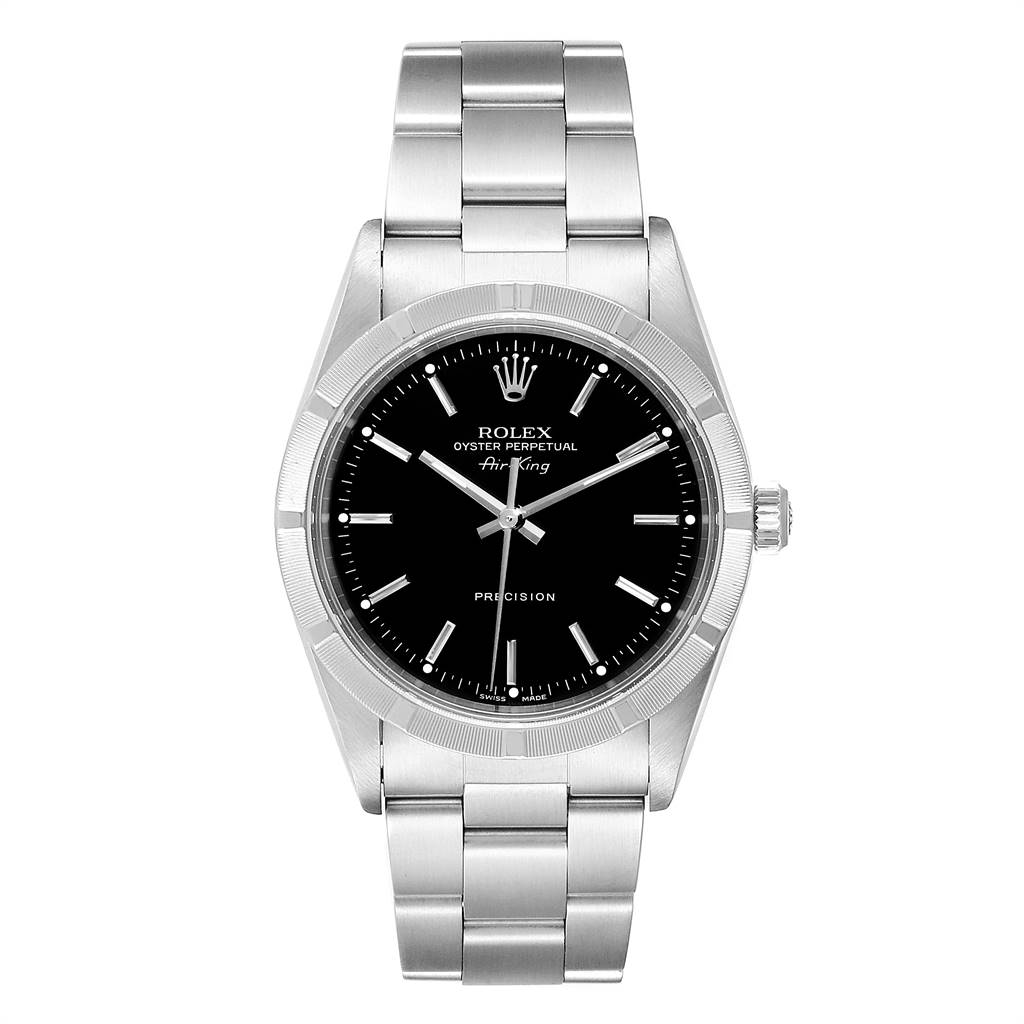 This image shows a front view of the Rolex Air-King 14010 Men's Stainless Steel Black Dial 14010 Men's Stainless Steel Black Dial watch, displaying its face, bezel, and bracelet.