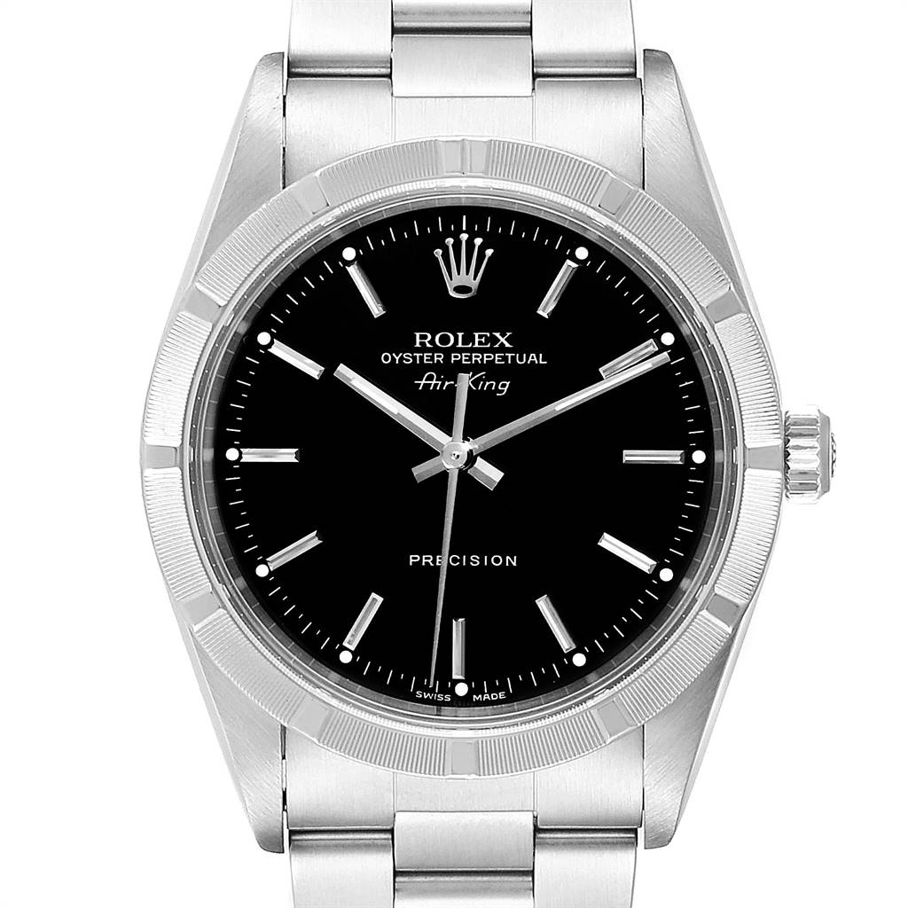 The Rolex Air-King 14010 Men's Stainless Steel Black Dial 14010 Men's Stainless Steel Black Dial watch is shown from a straight-on angle, displaying the entire face, bezel, crown, and part of the bracelet.