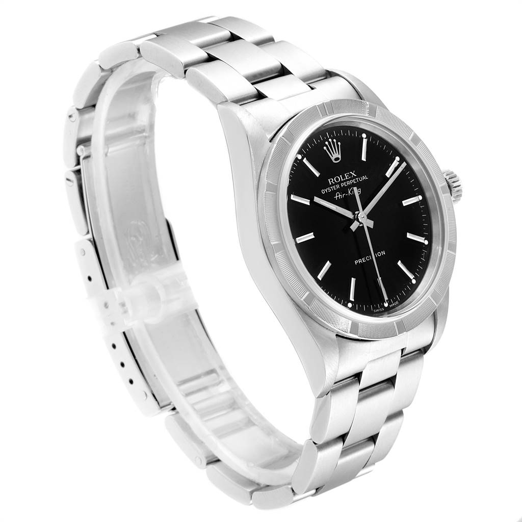 The Rolex Air-King 14010 Men's Stainless Steel Black Dial 14010 Men's Stainless Steel Black Dial watch is shown at a three-quarter angle, highlighting the bracelet, case, and black dial.