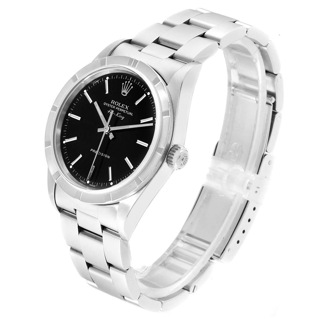 The image shows a Rolex Air-King 14010 Men's Stainless Steel Black Dial 14010 Men's Stainless Steel Black Dial watch, angled to highlight the face, bezel, crown, and bracelet.