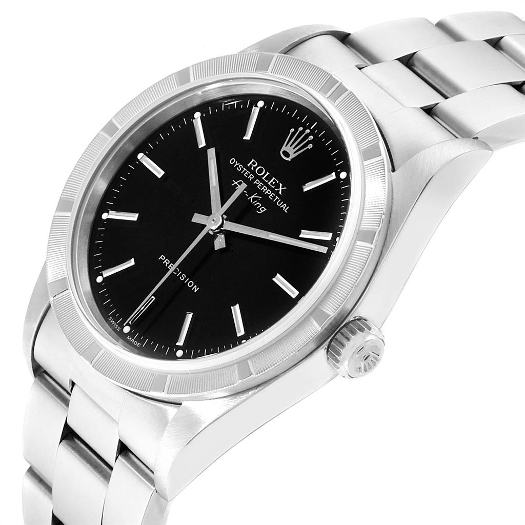 The image shows a side angle view of the Rolex Air-King 14010 Men's Stainless Steel Black Dial 14010 Men's Stainless Steel Black Dial watch, highlighting the face, bezel, and part of the bracelet.