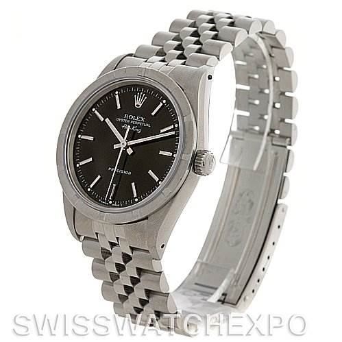 The image shows a Rolex Air-King 14010 Men's Stainless Steel Black Dial 14010 Men's Stainless Steel Black Dial watch at a three-quarter angle, displaying its face, bezel, crown, and bracelet.