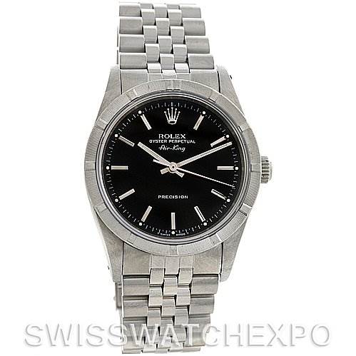 This image shows the front view of a Rolex Air-King 14010 Men's Stainless Steel Black Dial 14010 Men's Stainless Steel Black Dial watch, highlighting its dial, bezel, case, and bracelet.
