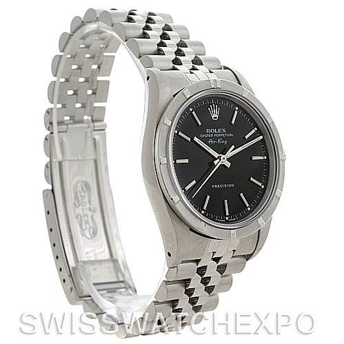 The image shows a Rolex Air-King 14010 Men's Stainless Steel Black Dial 14010 Men's Stainless Steel Black Dial watch from a three-quarter angle, displaying the face, case, and part of the bracelet.