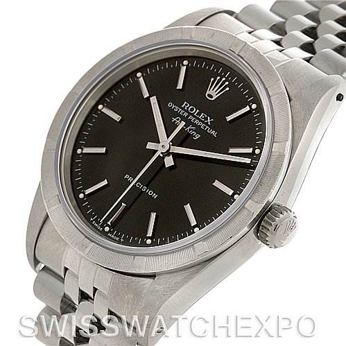 The Rolex Air-King 14010 Men's Stainless Steel Black Dial 14010 Men's Stainless Steel Black Dial watch is shown at a slight angle, highlighting the dial, bezel, crown, and part of the bracelet.