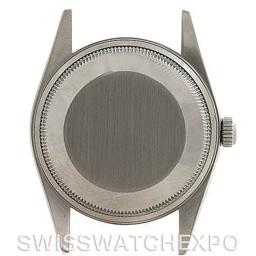 The image shows a frontal view of the case and crown of an Air-King model Rolex watch without the watch face and bands.