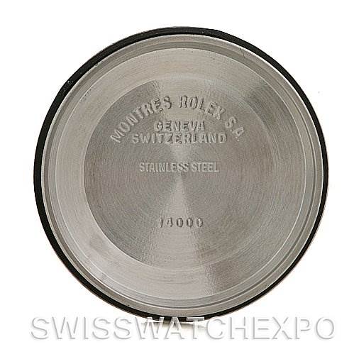 This image shows the back cover of a Rolex Air-King 14010 Men's Stainless Steel Black Dial 14010 Men's Stainless Steel Black Dial watch, highlighting the brand's engravings and stainless steel composition.