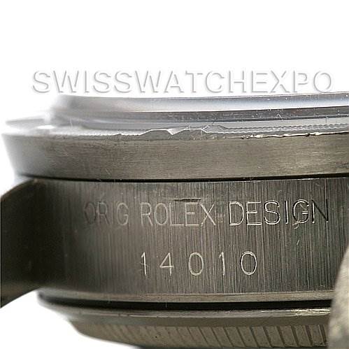 Close-up side view of a Rolex Air-King 14010 Men's Stainless Steel Black Dial 14010 Men's Stainless Steel Black Dial watch case, showing the bezel, crystal, and engraved model number 14010.