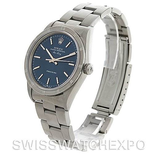 The image shows a side and angled view of a Rolex Air-King 14010 Men's Stainless Steel Blue Dial 14010 Men's Stainless Steel Blue Dial watch displaying the dial, crown, and stainless steel bracelet.