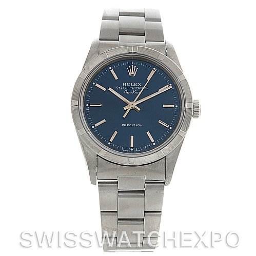 The image shows a front view of a Rolex Air-King 14010 Men's Stainless Steel Blue Dial 14010 Men's Stainless Steel Blue Dial watch, displaying its dial, bezel, and metal bracelet.