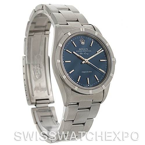 The Rolex Air-King 14010 Men's Stainless Steel Blue Dial 14010 Men's Stainless Steel Blue Dial watch is shown at a three-quarter angle, displaying the dial, bracelet, and partially open clasp.