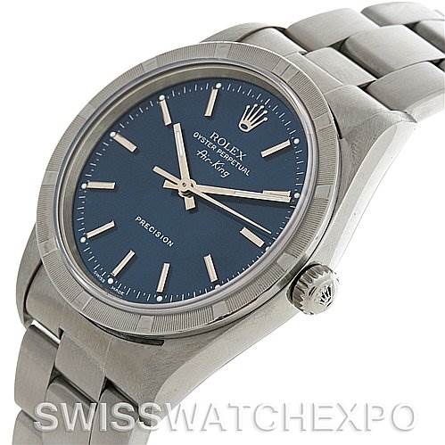 The image shows a Rolex Air-King 14010 Men's Stainless Steel Blue Dial 14010 Men's Stainless Steel Blue Dial watch at a slight angle, highlighting the dial, bezel, crown, and part of the bracelet.
