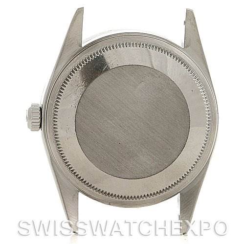 This is the back view of the watch case for the Rolex Air-King 14010 Men's Stainless Steel Blue Dial 14010 Men's Stainless Steel Blue Dial, including the crown and caseback.