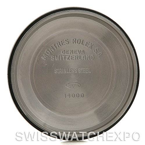 The image shows the inner case back of a Rolex Air-King 14010 Men's Stainless Steel Blue Dial 14010 Men's Stainless Steel Blue Dial watch, displaying engravings and material details.