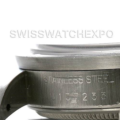 The image shows a close-up of the serial and model number engraving on the stainless steel side of a Rolex Air-King 14010 Men's Stainless Steel Blue Dial 14010 Men's Stainless Steel Blue Dial watch case.