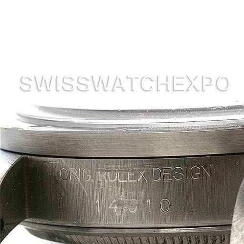 The image shows a close-up side view of the case body and bezel of a Rolex Air-King 14010 Men's Stainless Steel Blue Dial 14010 Men's Stainless Steel Blue Dial watch with engraved model information.