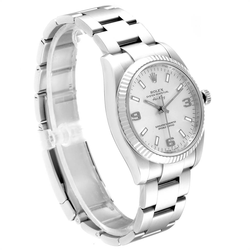 The image shows a Rolex Air-King 114234 Men's Stainless Steel Silver Dial 114234 Men's Stainless Steel Silver Dial watch from a side angle, highlighting the bracelet, case, and dial.
