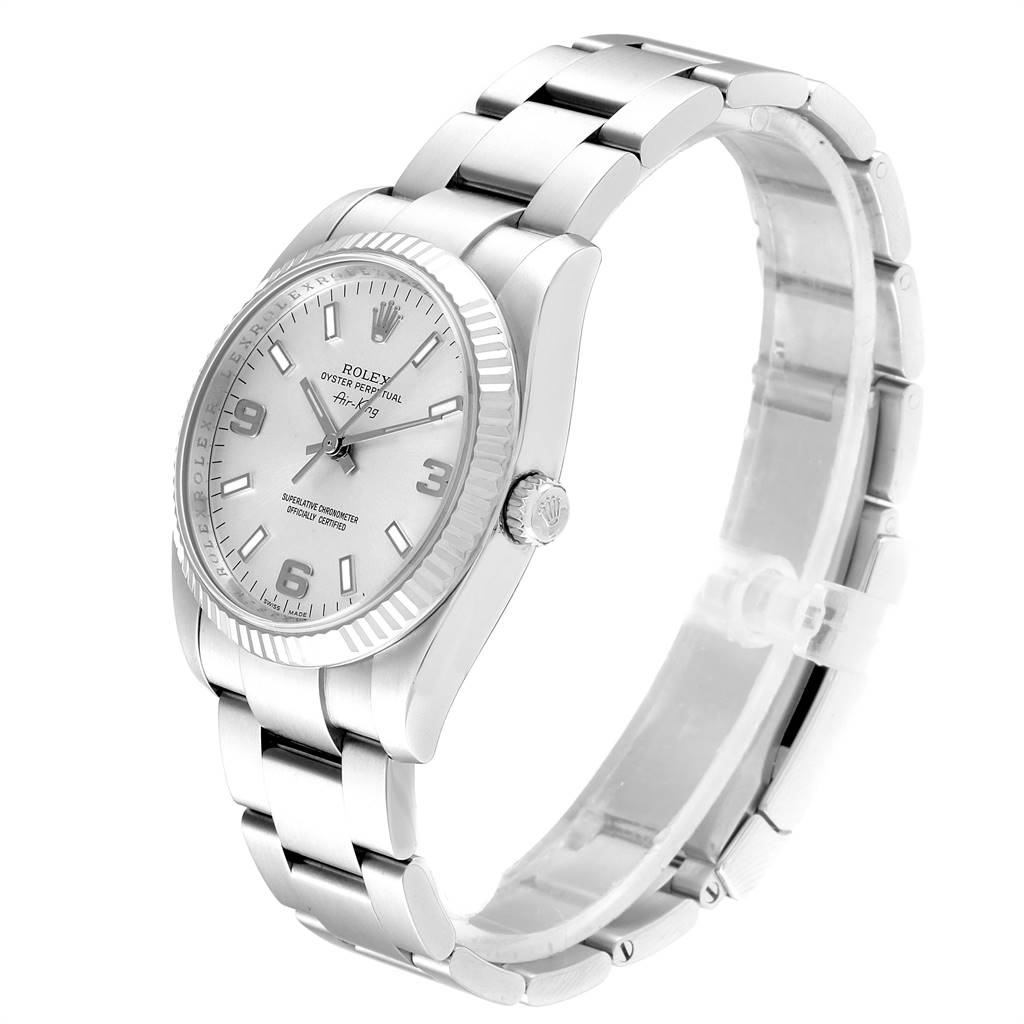 The image shows a Rolex Air-King 114234 Men's Stainless Steel Silver Dial 114234 Men's Stainless Steel Silver Dial watch from a side angle displaying the dial, case, crown, and bracelet.