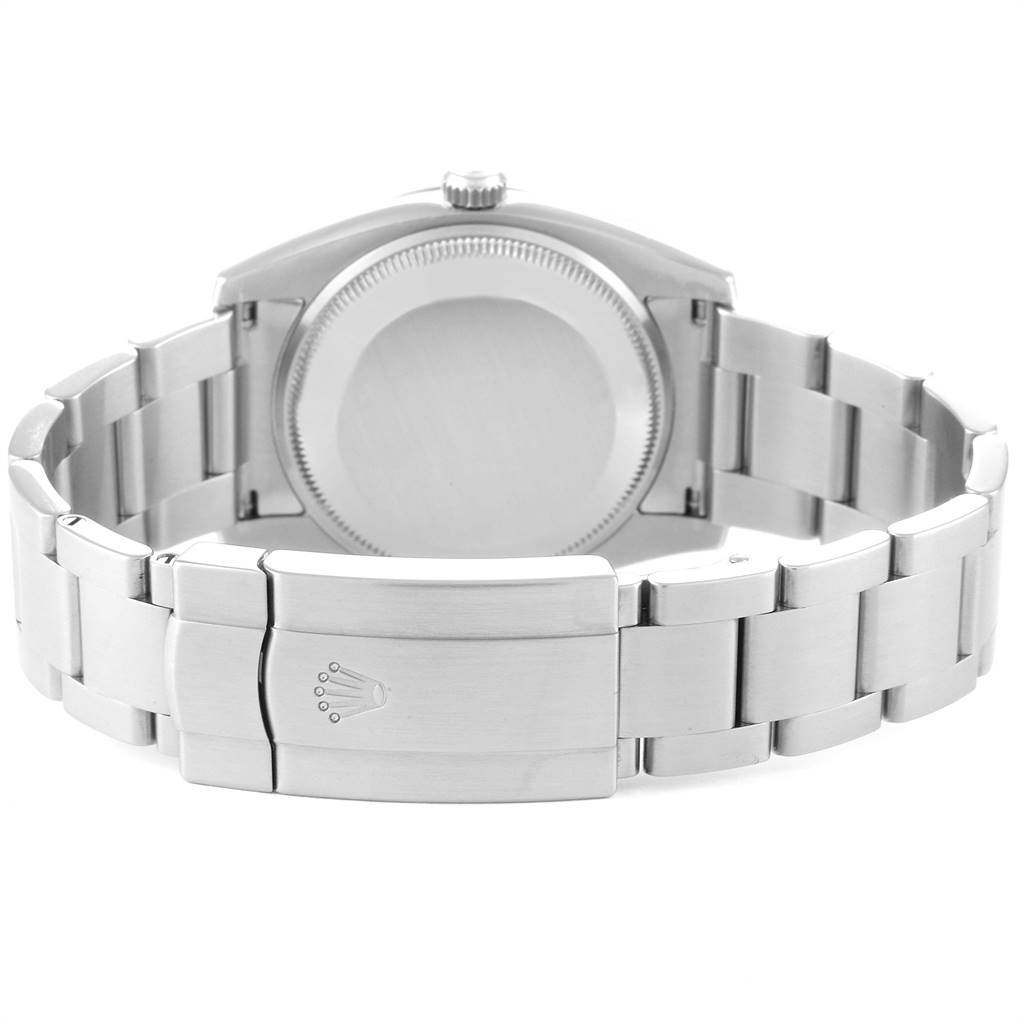 The image shows the back case, crown, and bracelet of a Rolex Air-King 114234 Men's Stainless Steel Silver Dial 114234 Men's Stainless Steel Silver Dial watch from a rear angle.
