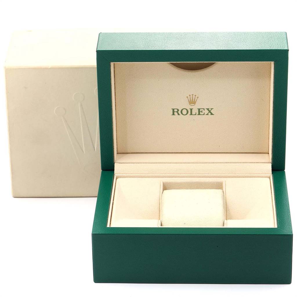 The image shows an empty Rolex Air-King 114234 Men's Stainless Steel Silver Dial 114234 Men's Stainless Steel Silver Dial watch box from an open-front angle, with the closed outer box in the background.