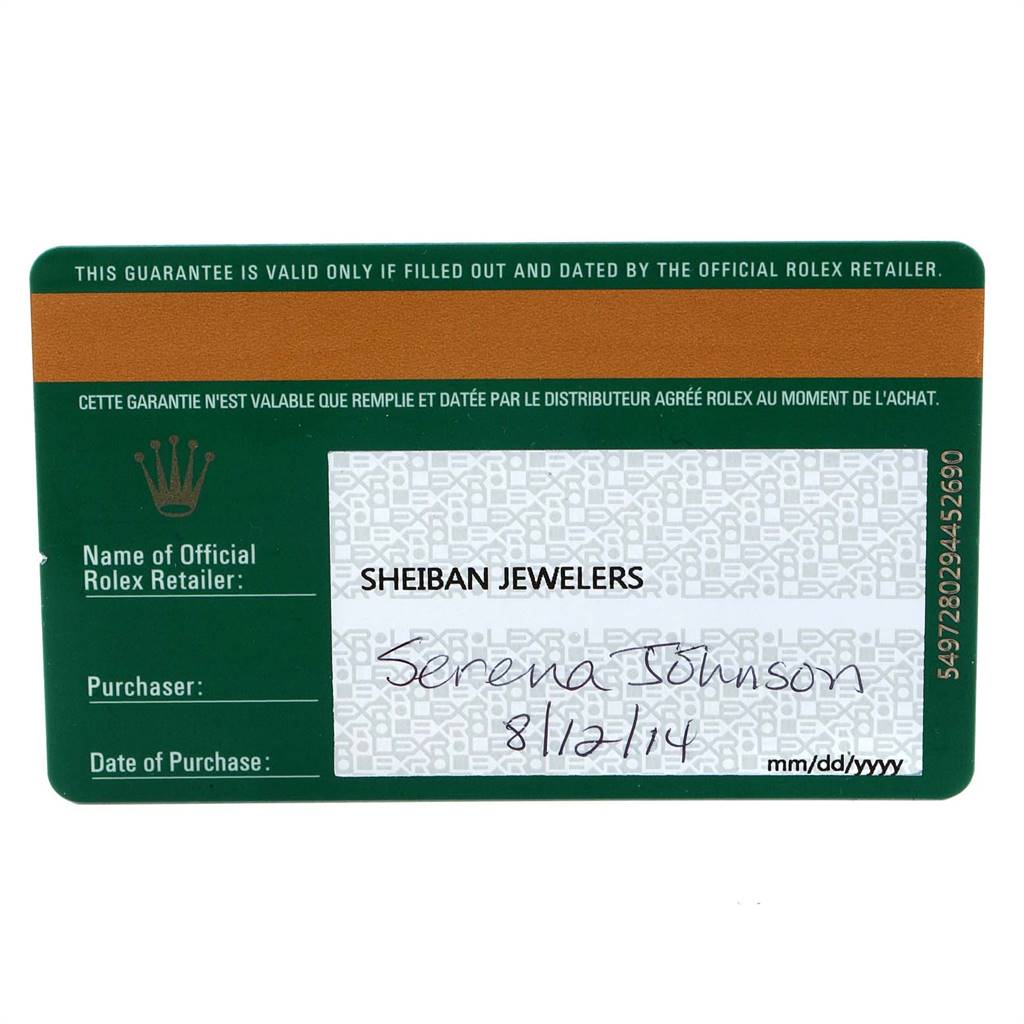 This image shows a warranty card for a Rolex Air-King 114234 Men's Stainless Steel Silver Dial 114234 Men's Stainless Steel Silver Dial watch with retailer, purchaser, and date of purchase details.