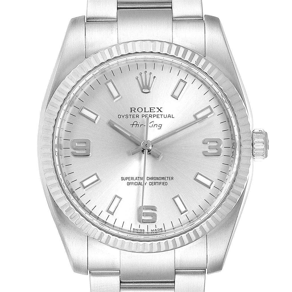 The image shows a frontal view of a Rolex Air-King 114234 Men's Stainless Steel Silver Dial 114234 Men's Stainless Steel Silver Dial watch, highlighting its dial, bezel, crown, and part of the bracelet.