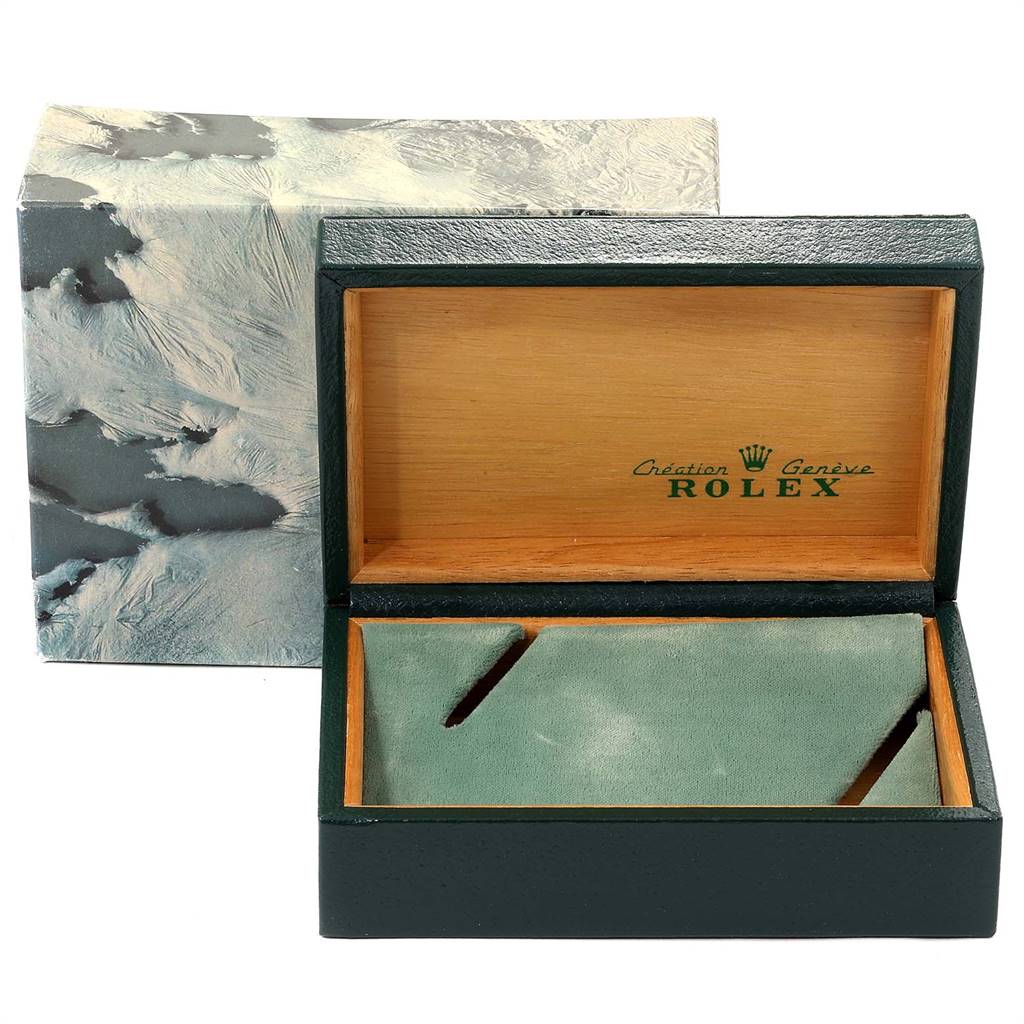 The image shows an open Rolex Air-King 14000 Men's Stainless Steel Black Dial 14000 Men's Stainless Steel Black Dial watch box from a front angle, revealing its wooden interior and padded cushion.