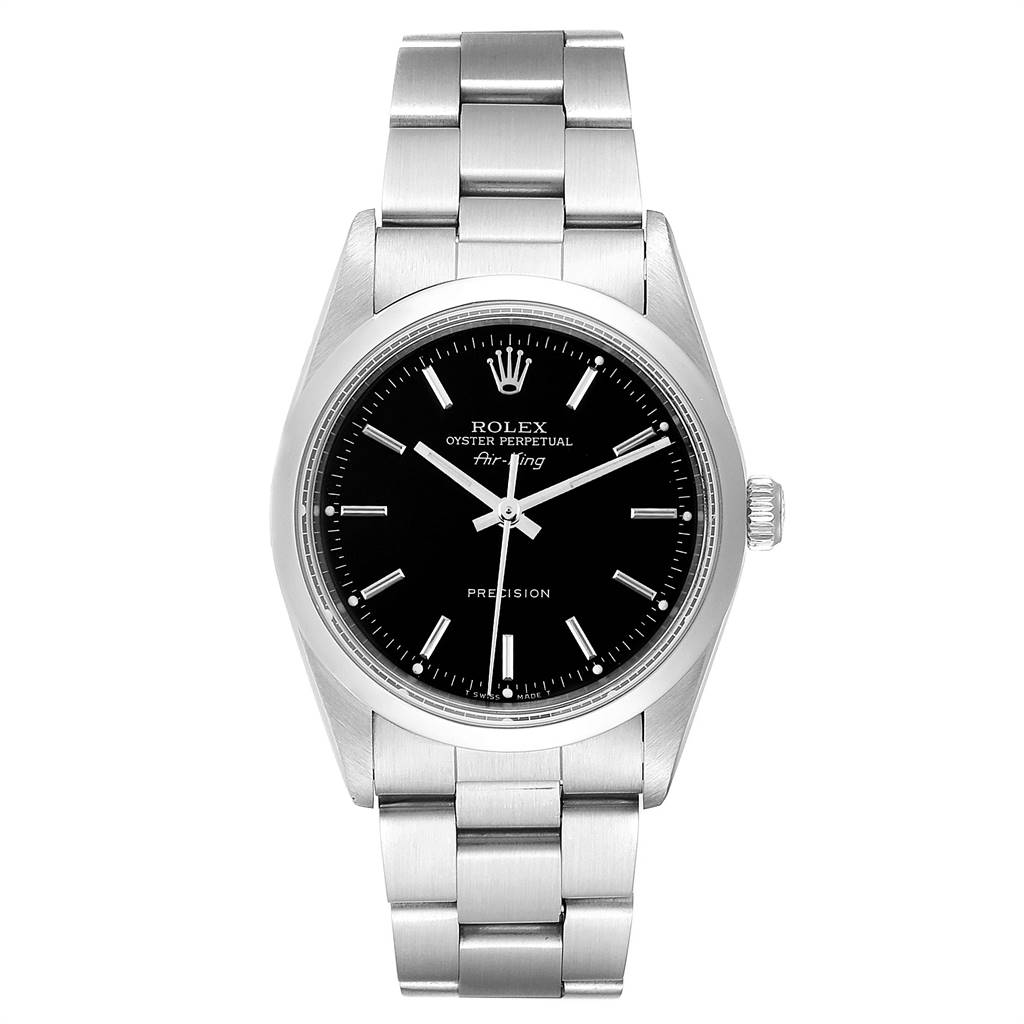 The image shows a front view of the Rolex Air-King 14000 Men's Stainless Steel Black Dial 14000 Men's Stainless Steel Black Dial watch, including the dial, bezel, and part of the bracelet.
