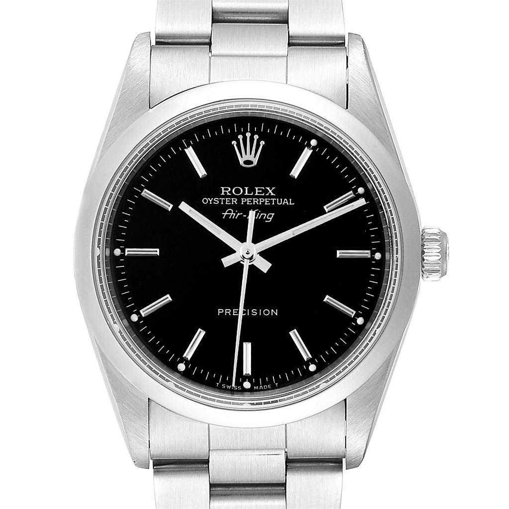 This is a head-on view of the Rolex Air-King 14000 Men's Stainless Steel Black Dial 14000 Men's Stainless Steel Black Dial watch showcasing the face, crown, bezel, and part of the stainless steel bracelet.