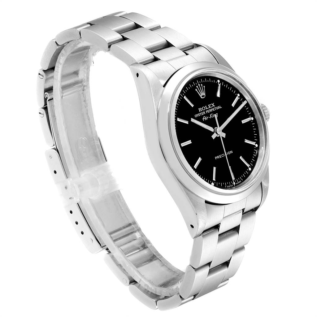 The image shows a side angle of the Rolex Air-King 14000 Men's Stainless Steel Black Dial 14000 Men's Stainless Steel Black Dial watch, highlighting the face, bezel, and metal bracelet.