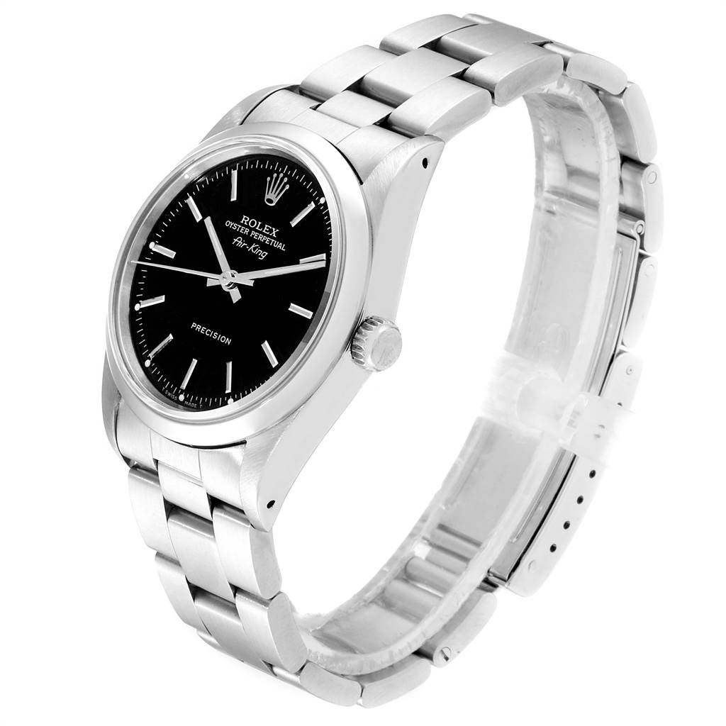 This image shows the Rolex Air-King 14000 Men's Stainless Steel Black Dial 14000 Men's Stainless Steel Black Dial watch angled slightly from above, displaying the face, crown, and metal bracelet.