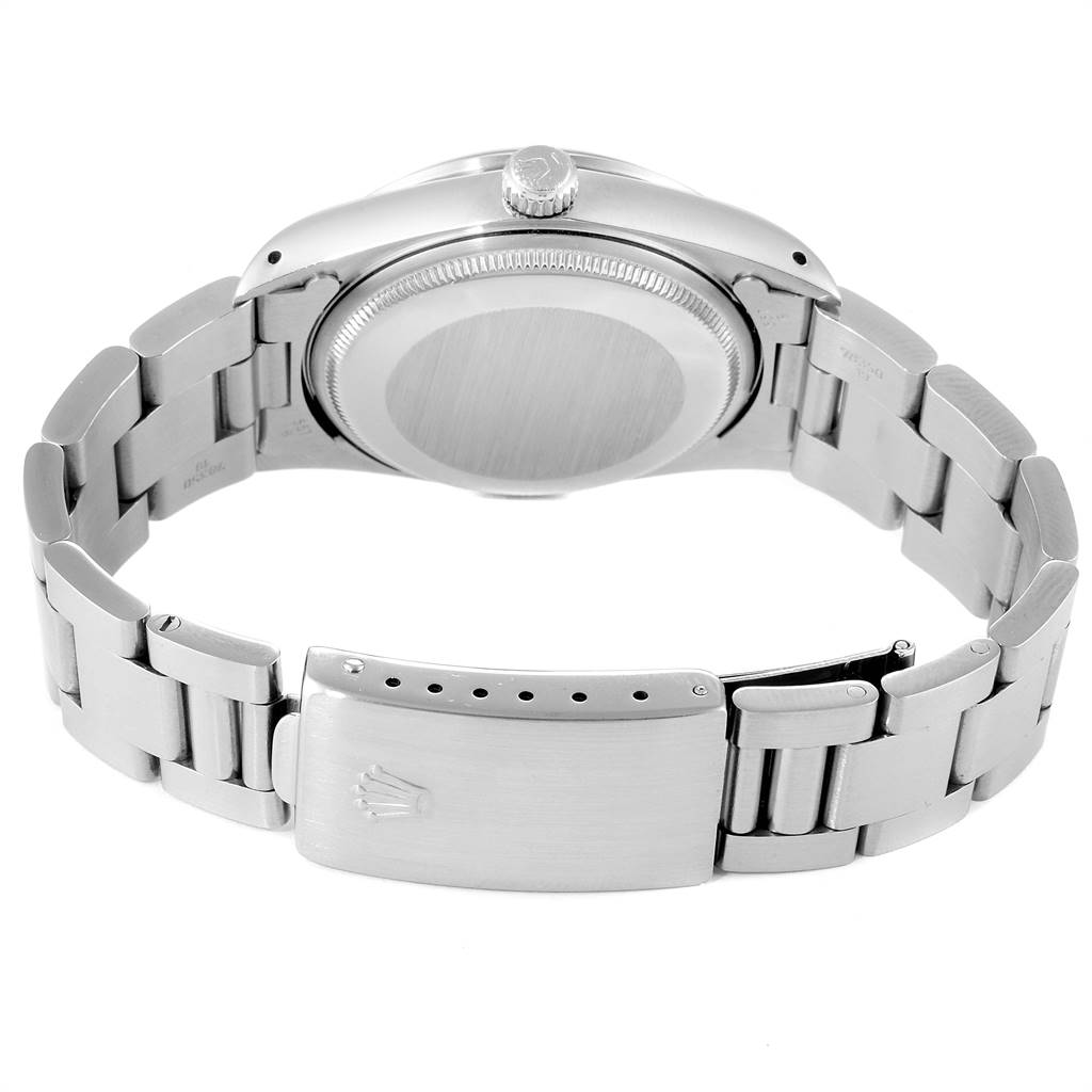 This image shows the back view of the Rolex Air-King 14000 Men's Stainless Steel Black Dial 14000 Men's Stainless Steel Black Dial watch, highlighting the case back, crown, and bracelet with the clasp visible.