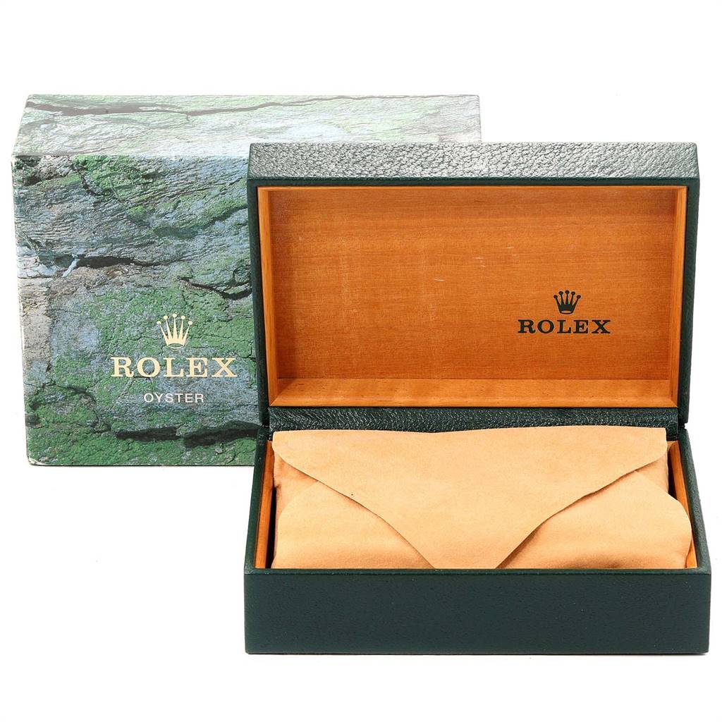 The image shows the open packaging box for a Rolex Air-King 14000 Men's Stainless Steel Black Dial 14000 Men's Stainless Steel Black Dial, including an outer green box with textured patterning and an inner wooden box with a suede cloth.