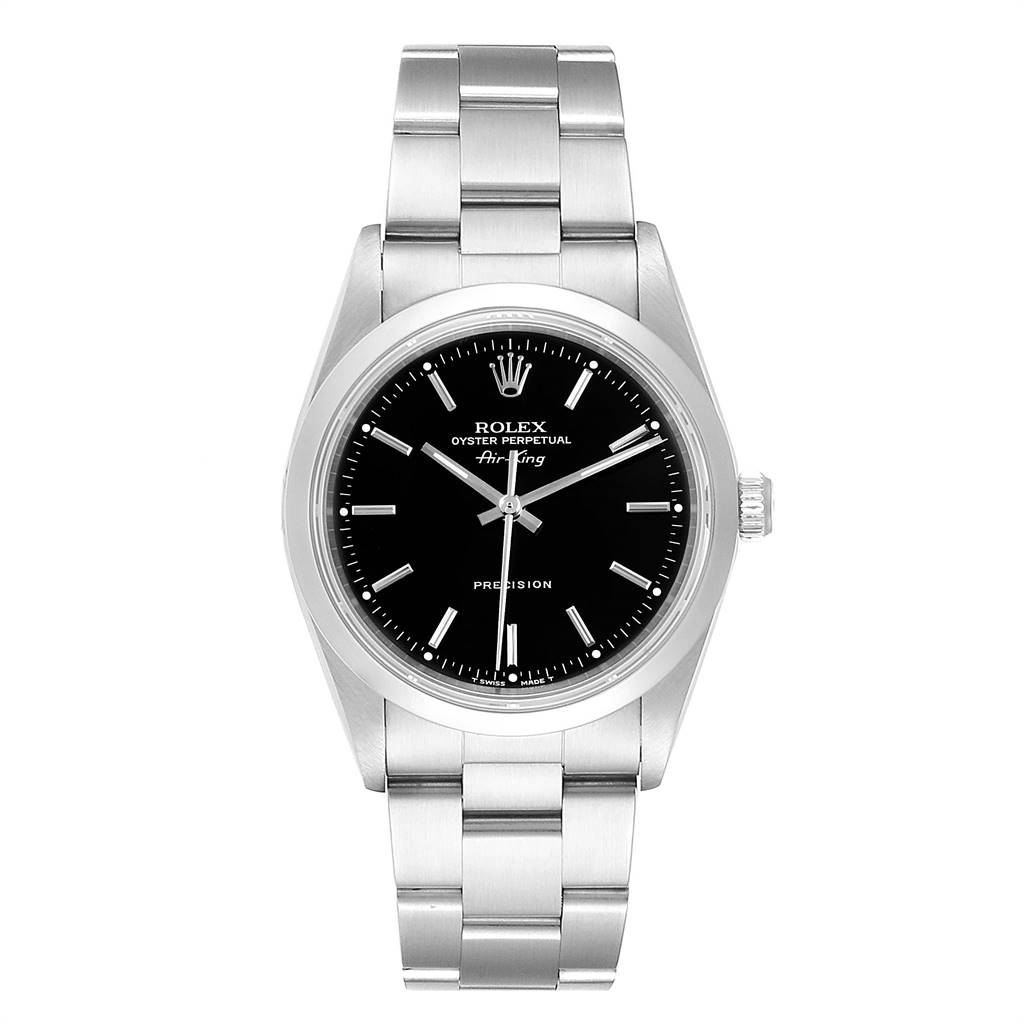 The image shows a front view of a Rolex Air-King 14000 Men's Stainless Steel Black Dial 14000 Men's Stainless Steel Black Dial watch, highlighting the face, bracelet, and bezel.