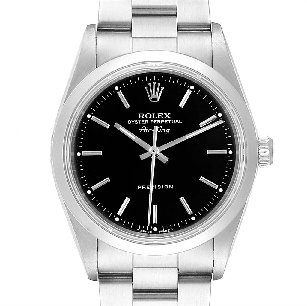 The Rolex Air-King 14000 Men's Stainless Steel Black Dial 14000 Men's Stainless Steel Black Dial watch is shown from a straight-on angle, featuring the dial, bezel, and part of the bracelet.