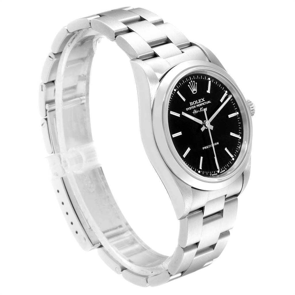 The image shows a Rolex Air-King 14000 Men's Stainless Steel Black Dial 14000 Men's Stainless Steel Black Dial watch from a side angle, highlighting the metal band and black dial.