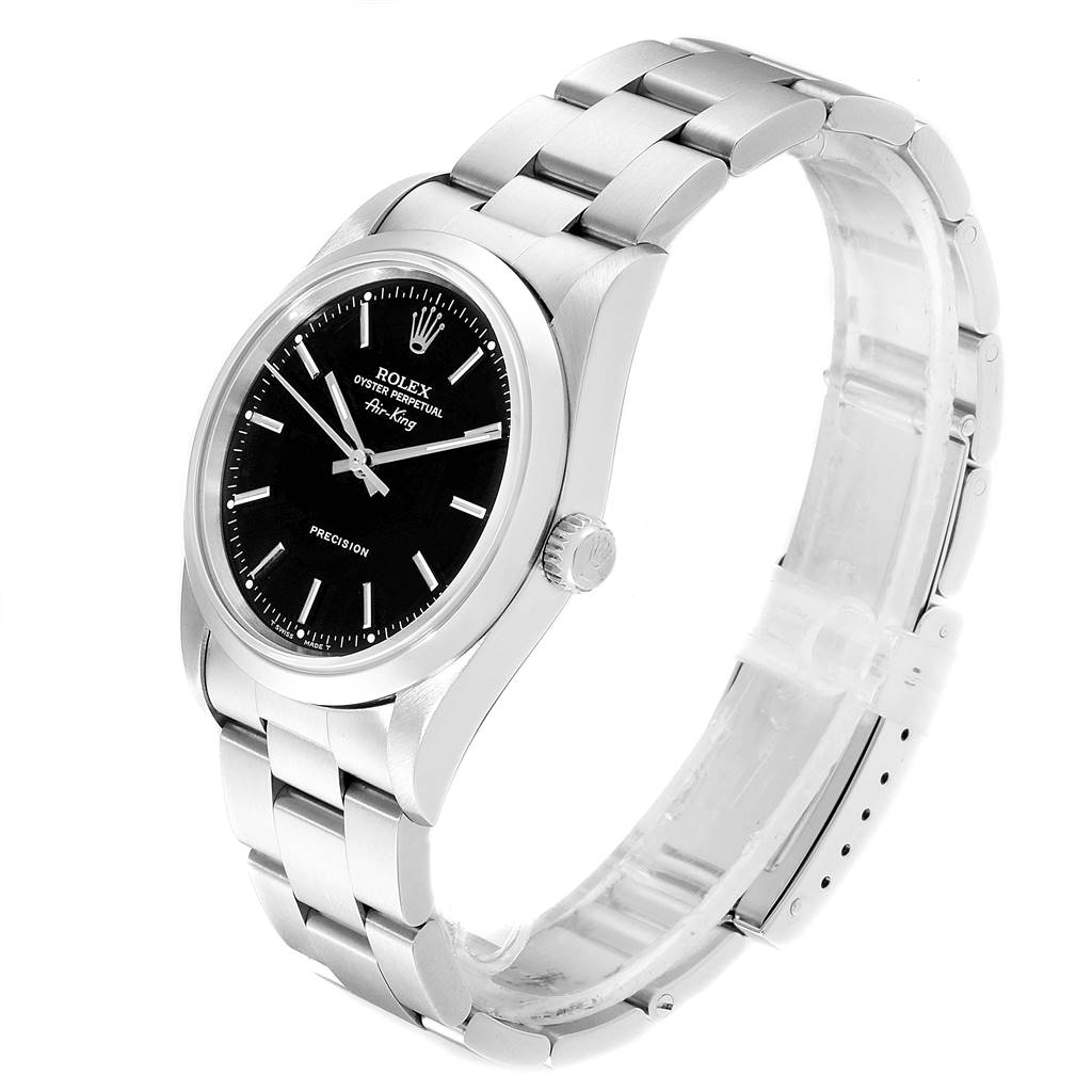 This image shows a side angle of a Rolex Air-King 14000 Men's Stainless Steel Black Dial 14000 Men's Stainless Steel Black Dial watch, displaying its black dial, crown, and stainless steel bracelet.