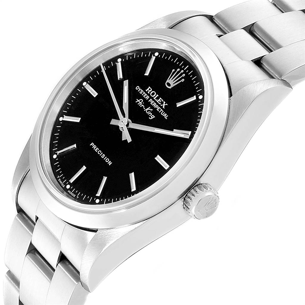 This image shows a Rolex Air-King 14000 Men's Stainless Steel Black Dial 14000 Men's Stainless Steel Black Dial watch at a slight angle, highlighting the black dial, crown, and stainless steel bracelet.